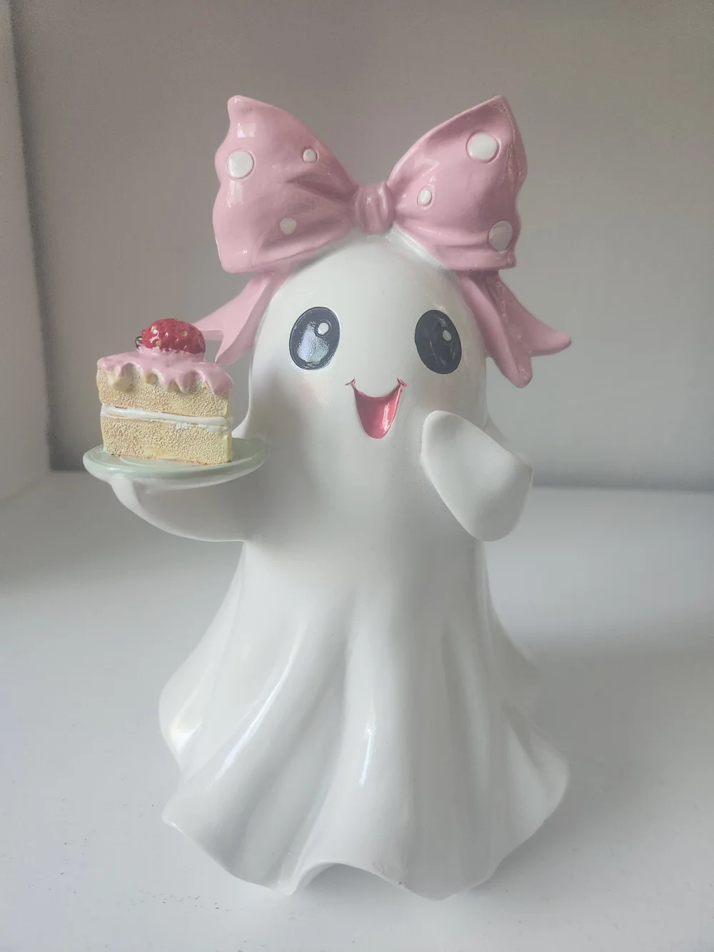 Cute Ceramic Ghost Figurine with Pink Polka Dot Bow and Cake With Strawberry